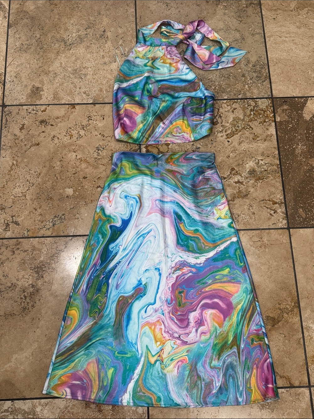 Sigrid Olsen Turquoise Trim Marble-Edge Skirt Set